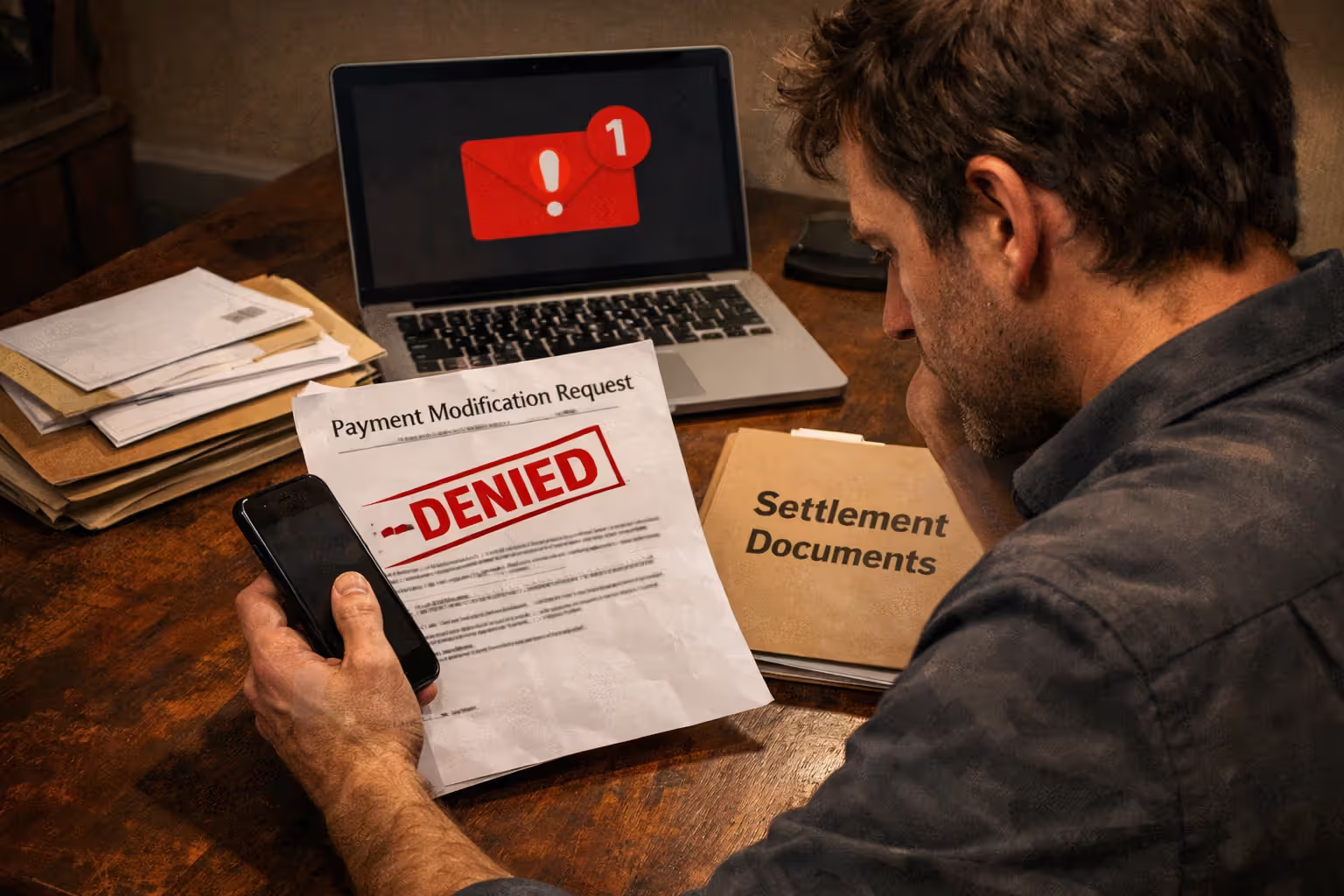 Frustrated structured settlement recipient holding denied payment modification request at desk with settlement documents