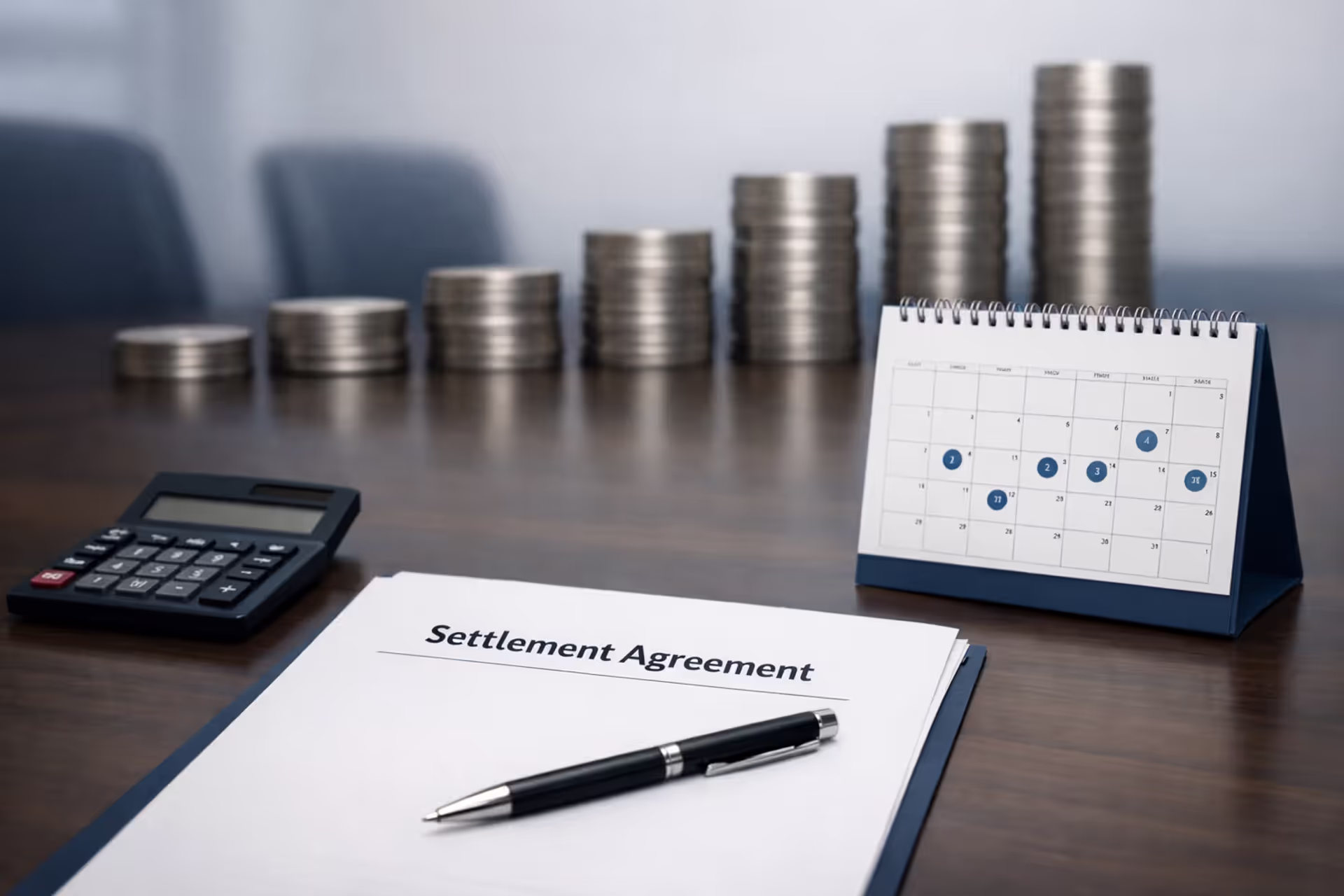 Structured settlement agreement document on office desk with calculator and growing coin stacks representing periodic payments