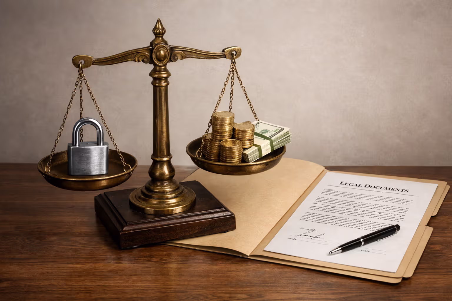 Justice scales with a padlock on one side and stack of coins and banknotes on the other, legal folder nearby on neutral background