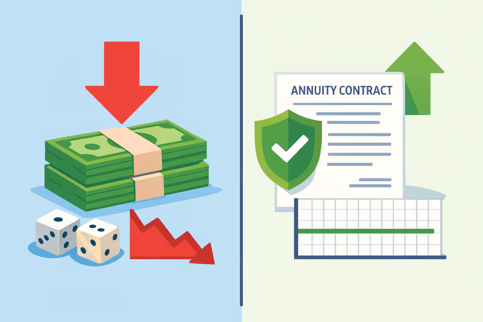 Visual comparison between risky lump sum cash pile with declining arrow and protected annuity contract with shield and stable payment graph
