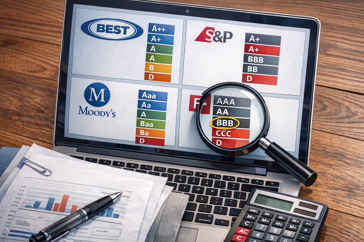 Laptop screen displaying insurance company financial strength ratings from multiple agencies with magnifying glass examining rating details