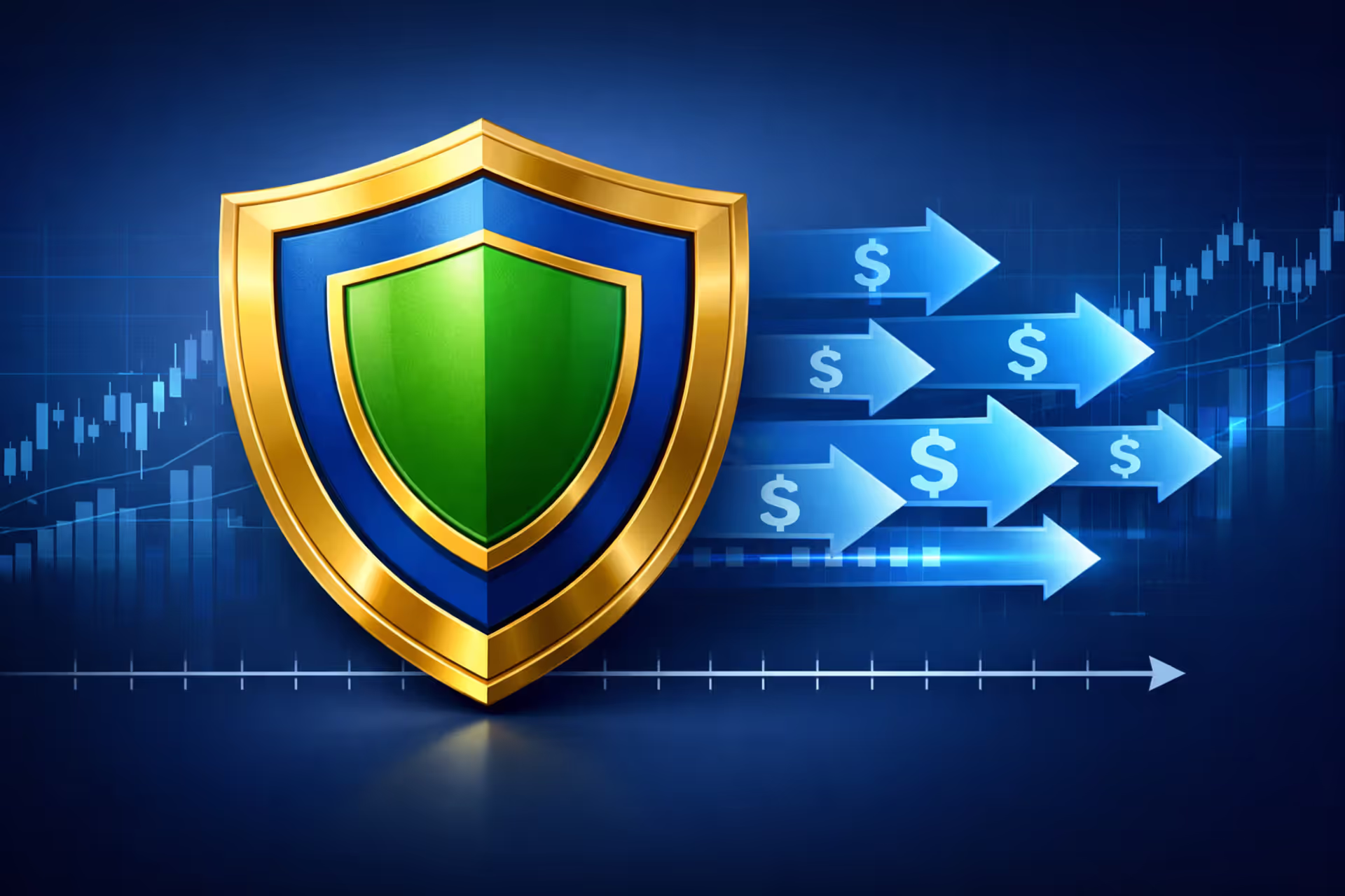Three-layer financial protection shield with dollar sign payment streams flowing along a timeline representing structured settlement security