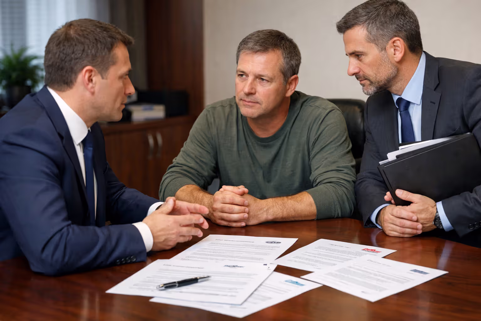 Business negotiation meeting between insurance representative and settlement recipient with attorney, multiple insurance quotes spread on the table