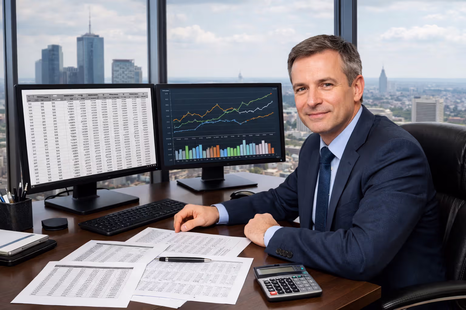 Insurance actuary working at desk with dual monitors displaying mortality tables and interest rate charts in a modern office