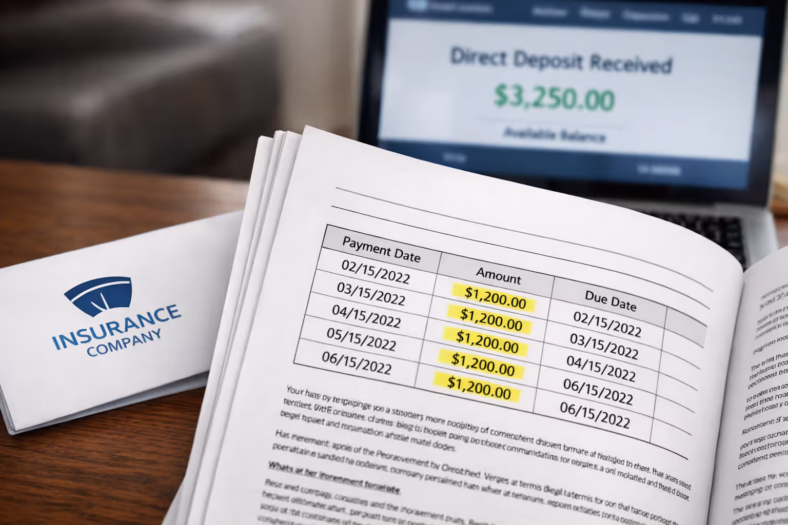 Close-up of a multi-page structured settlement payment schedule document with highlighted payment dates and amounts, laptop showing bank direct deposit in background