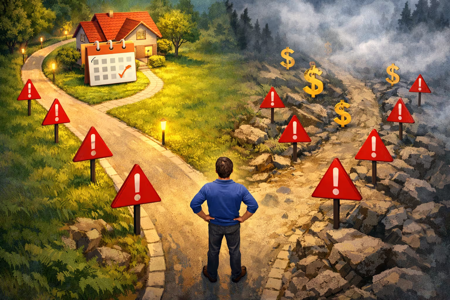 Person at crossroads choosing between structured settlement stability and lump sum uncertainty with warning signs