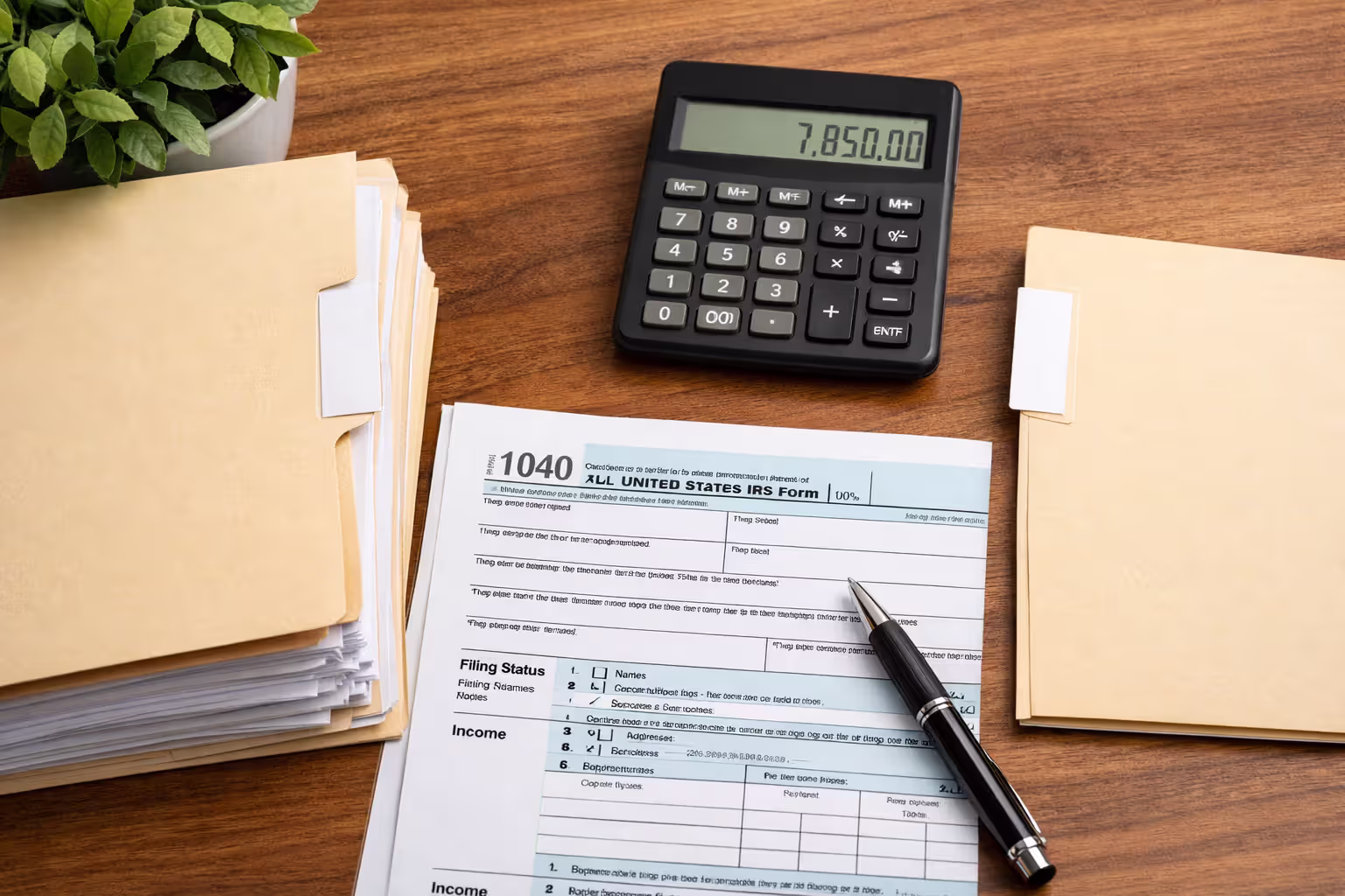 US tax form 1040 with calculator and folders representing different tax burdens for settlement options