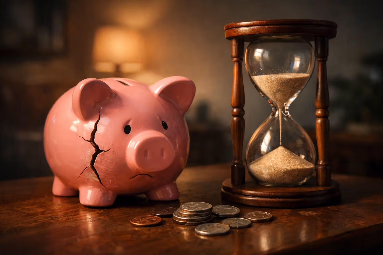 Cracked piggy bank next to hourglass with drained sand and scattered coins symbolizing financial depletion risk