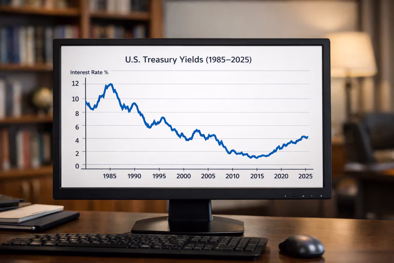 Line chart on computer screen displaying US Treasury bond interest rate trends from 1985 to 2025 in a financial advisor office setting