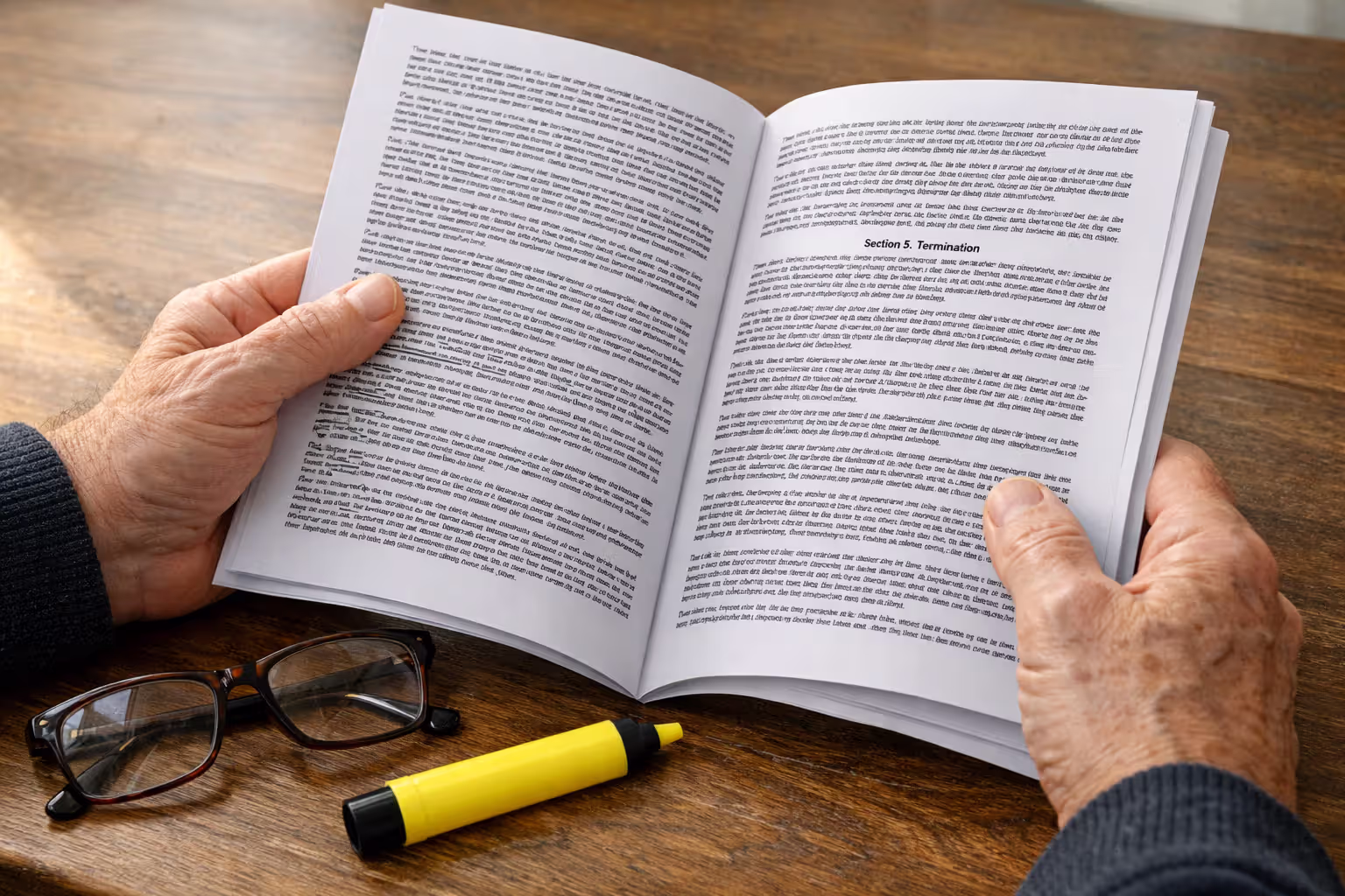 Elderly person hands holding open annuity contract document with reading glasses and highlighter on desk