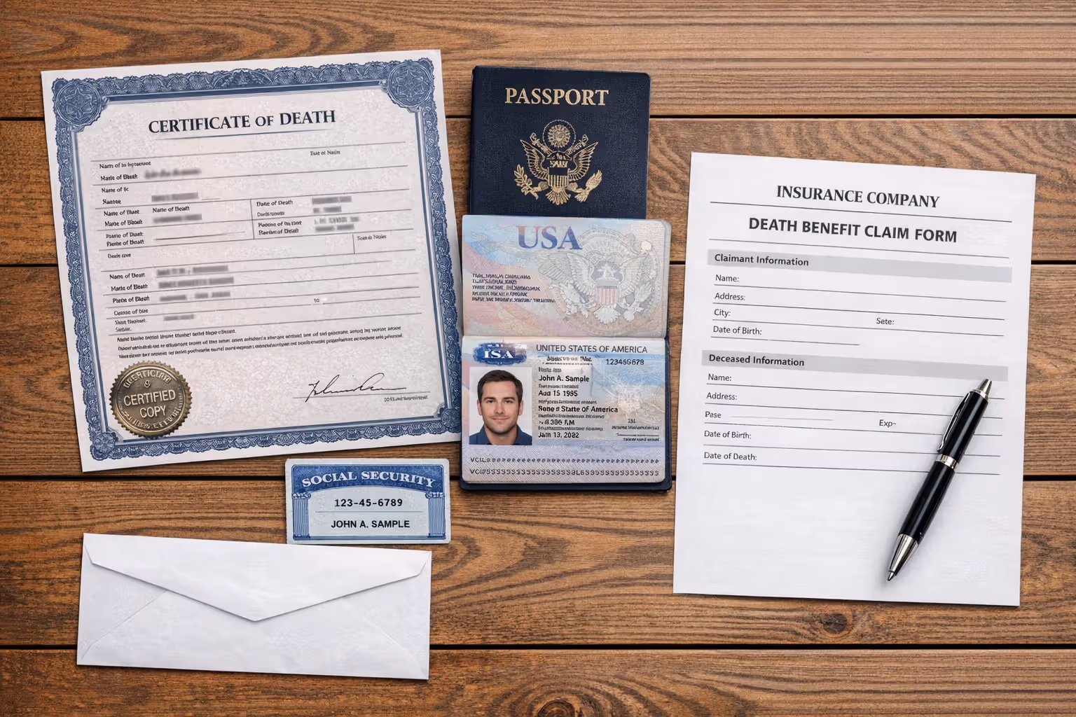 Flat-lay of required death benefit claim documents including death certificate, passport, Social Security card, and insurance claim form