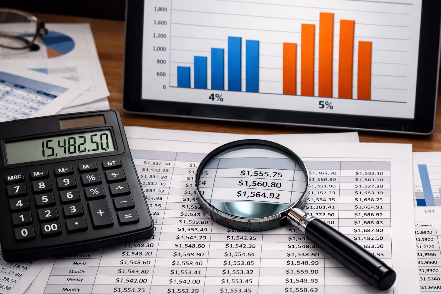 Calculator spreadsheet and computer screen showing present value comparison with different discount rates for structured settlement valuation