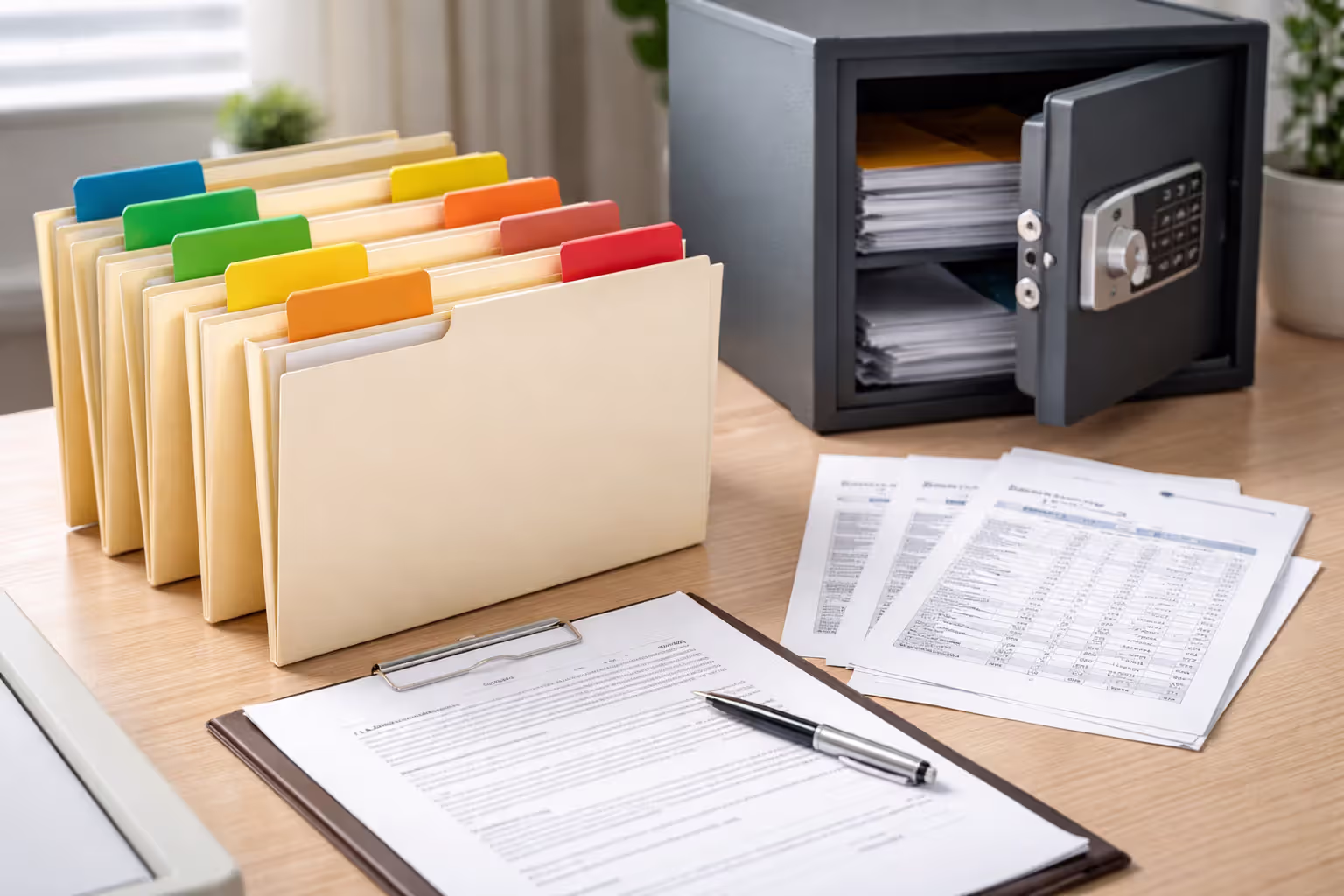 Organized filing folders, bank statements, settlement contract, and secure safe representing documentation for protecting structured settlement property claims