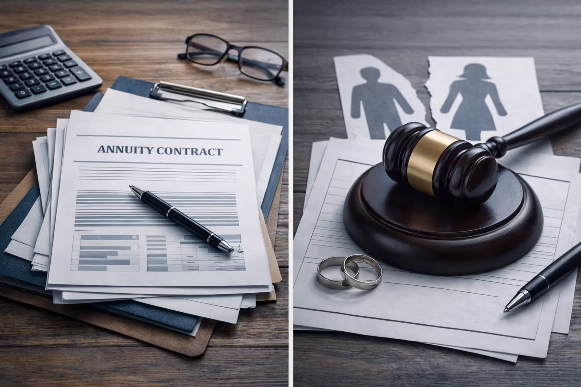 Structured settlement documents and annuity contract next to a judge gavel on divorce papers representing settlement division during divorce