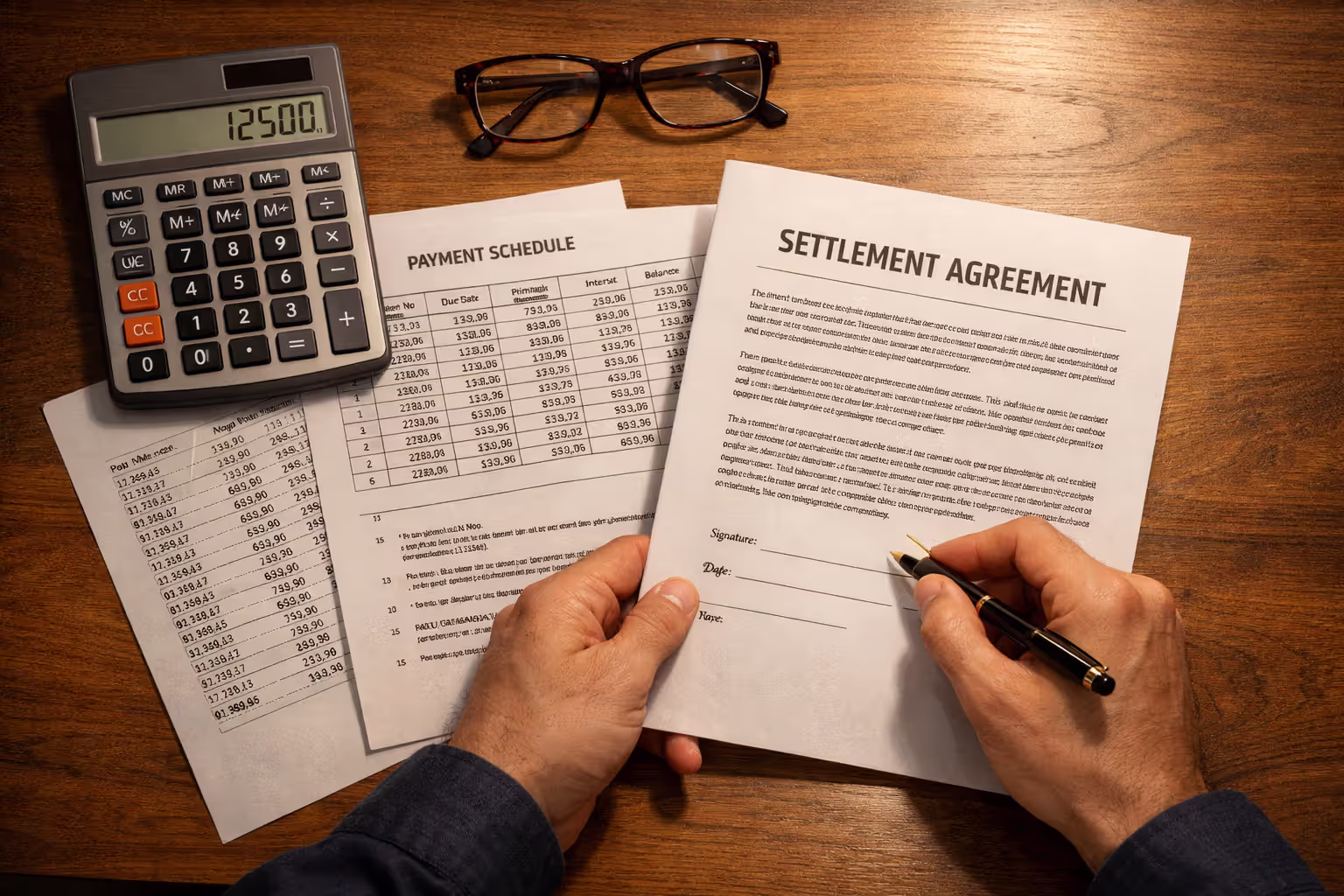 Person reviewing structured settlement documents and payment schedule at a desk