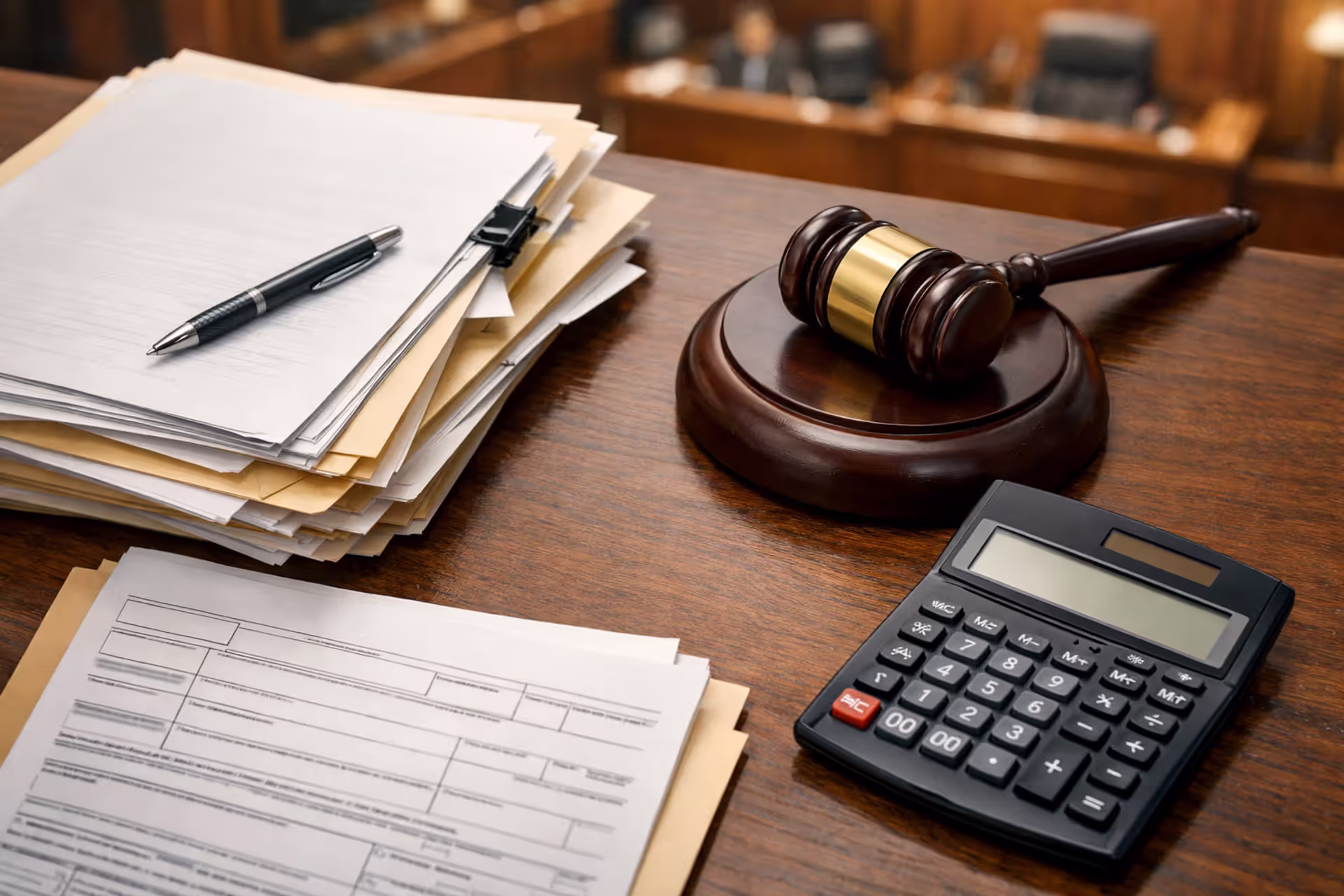 Professional desk with legal settlement documents, gavel, calculator, and IRS tax form in a courtroom setting