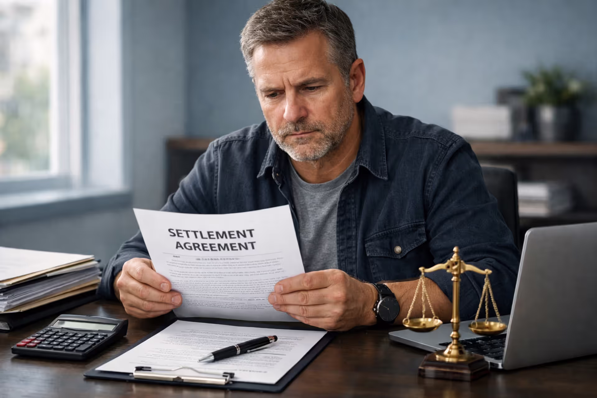 Injured worker reviewing workers compensation structured settlement documents at a desk with legal papers and calculator