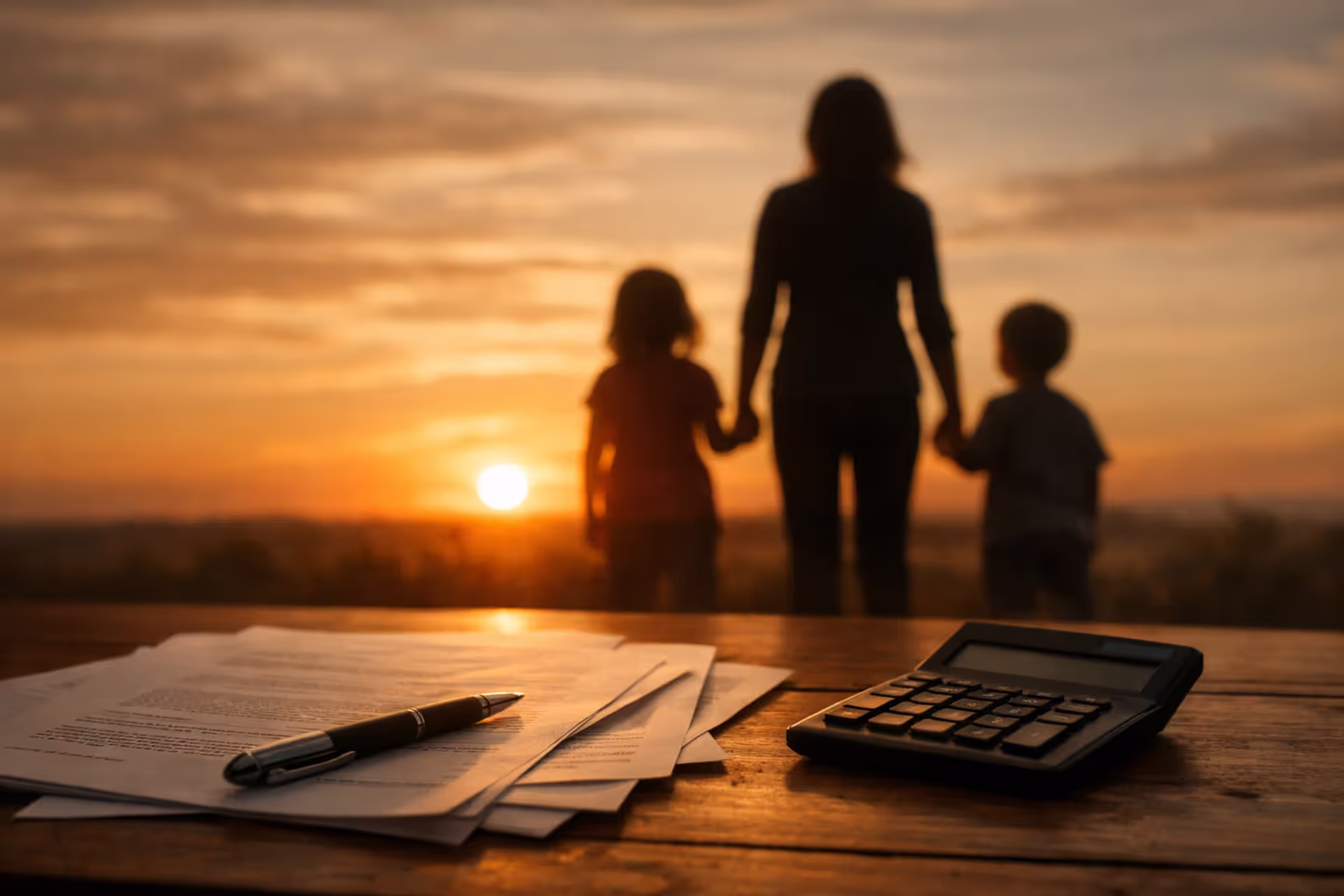 Family silhouette of mother with two children facing sunset with legal settlement documents on a table in the foreground