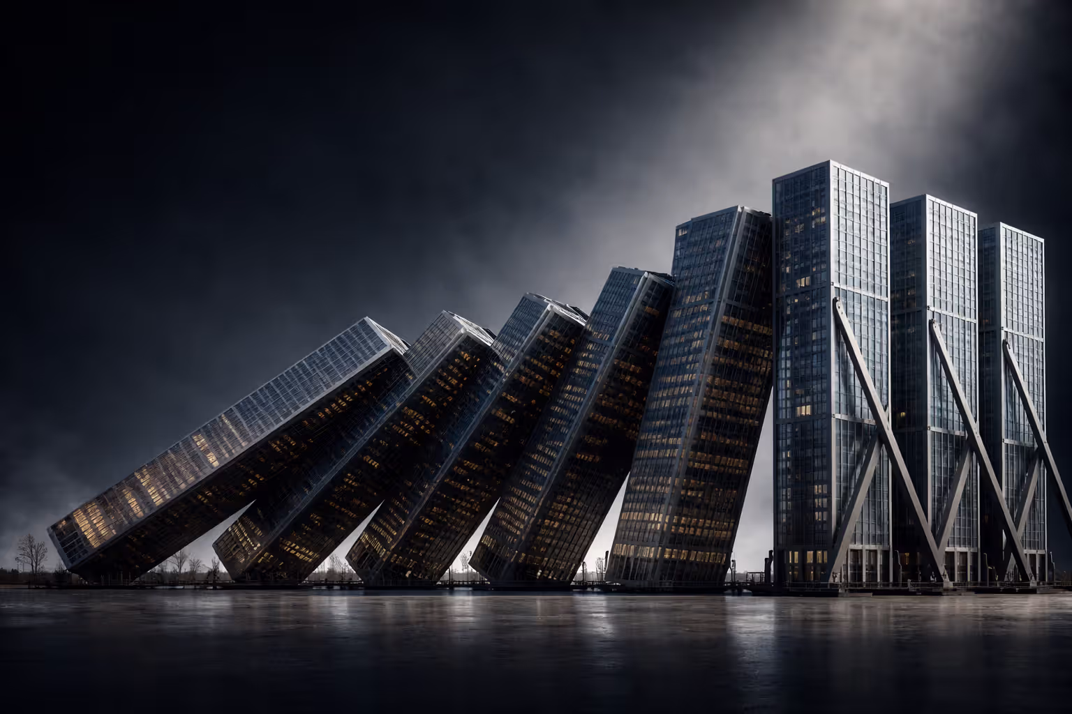 Falling corporate building dominoes representing insurance company failures with reinforced buildings still standing