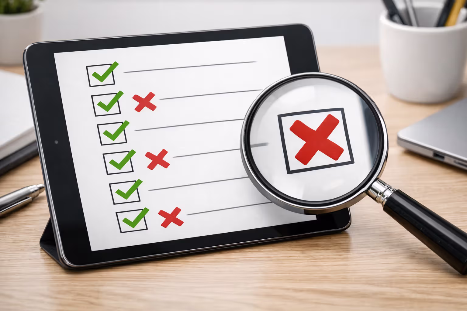 Tablet showing a checklist with green checkmarks and red crosses, magnifying glass highlighting one item, on a light office desk, photorealistic style