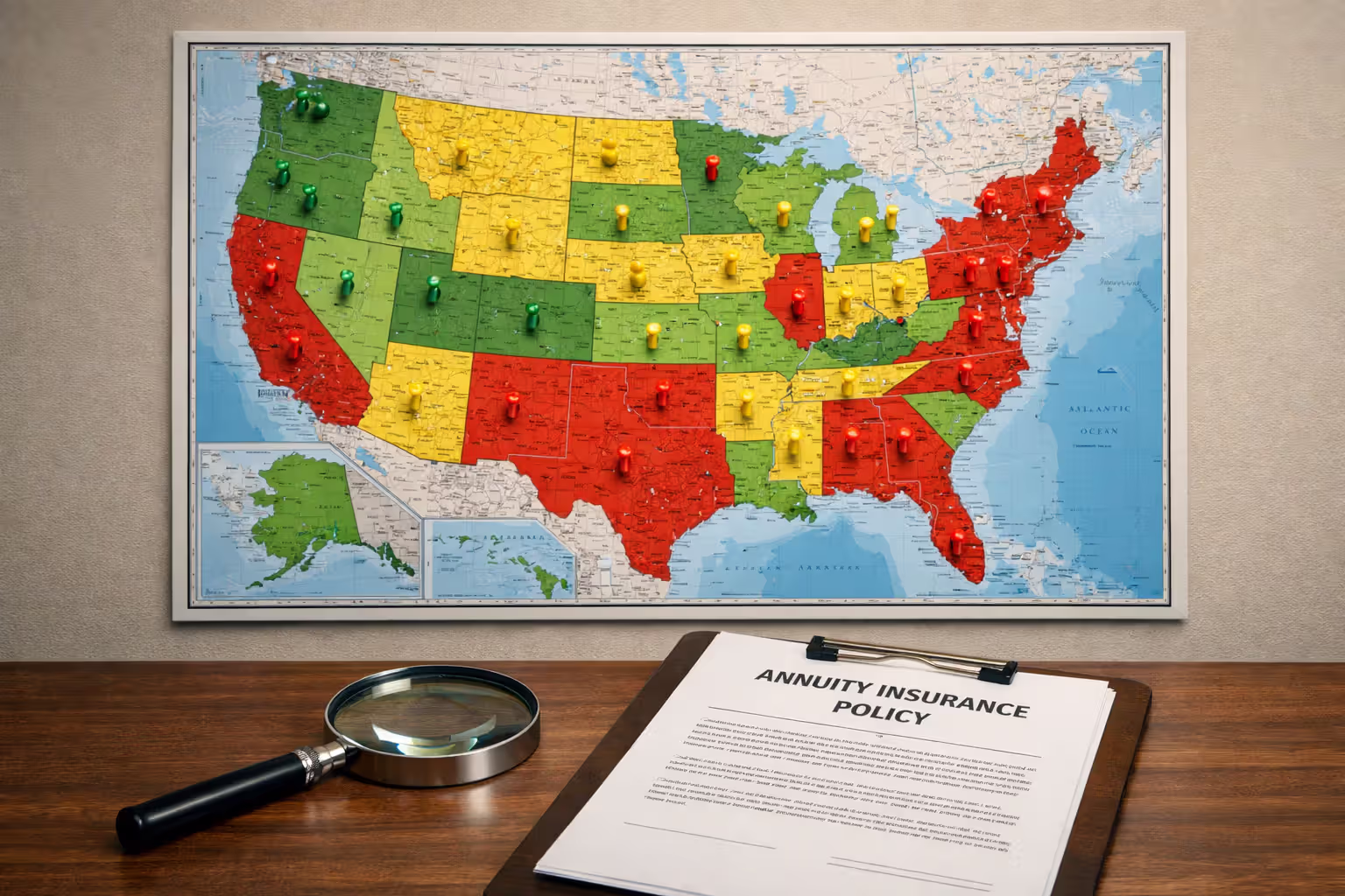 US map on wall with colored pins marking different state guaranty association coverage levels next to magnifying glass and annuity insurance policy on desk