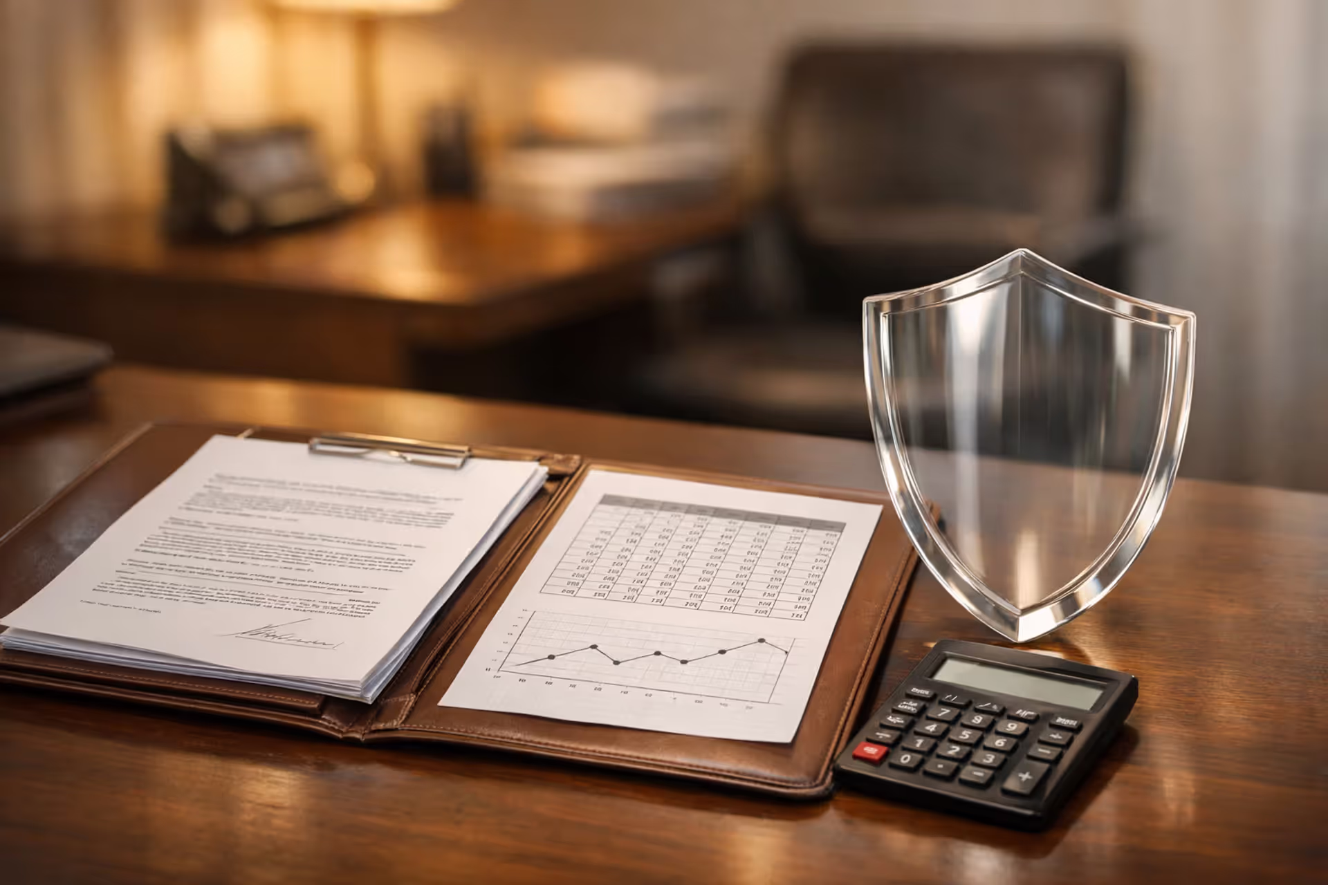 Legal documents with payment schedule, calculator and glass protective shield on office desk representing structured settlement financial protection