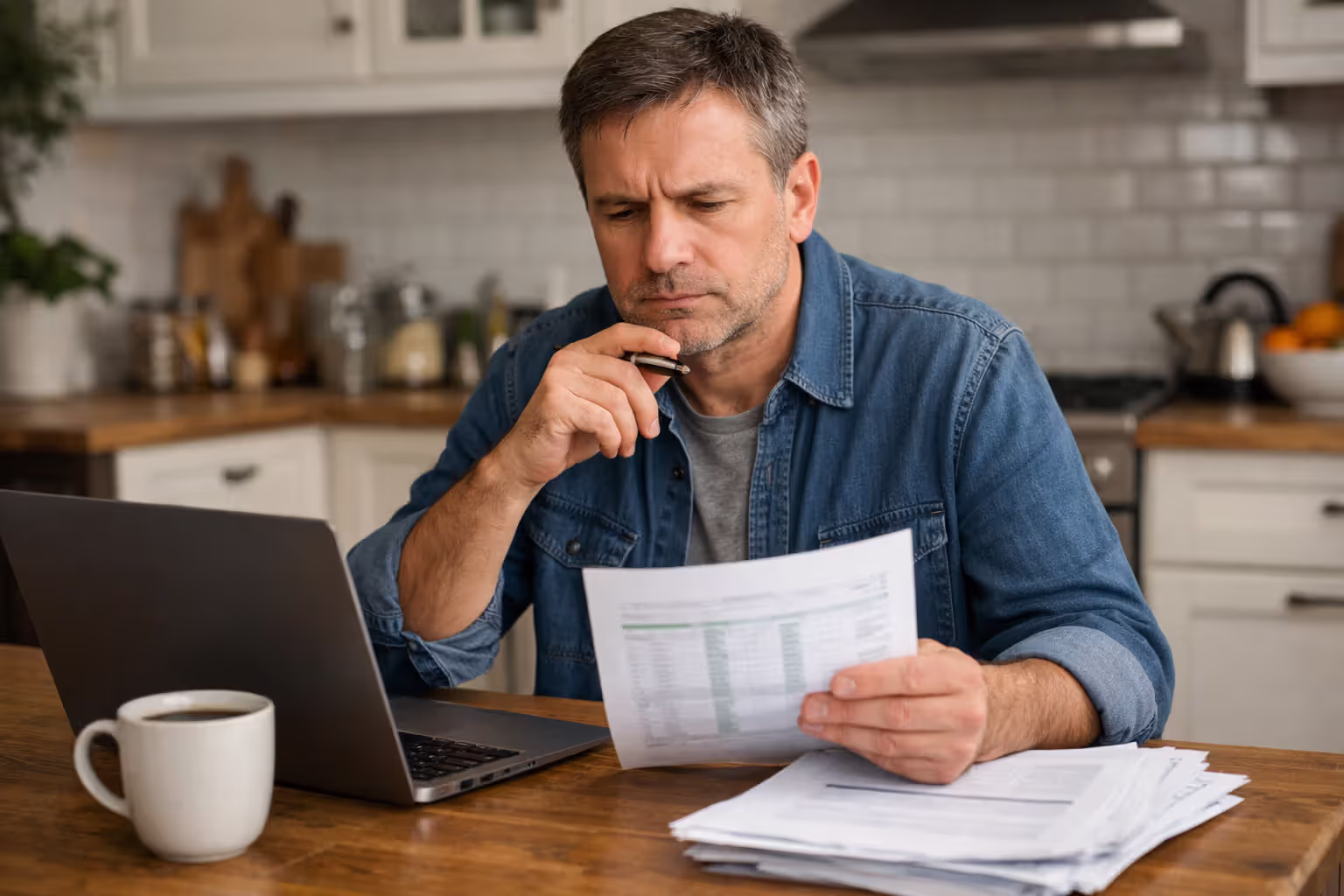 Person sitting at a kitchen table reviewing financial documents on a laptop and printed papers while making settlement sale decisions