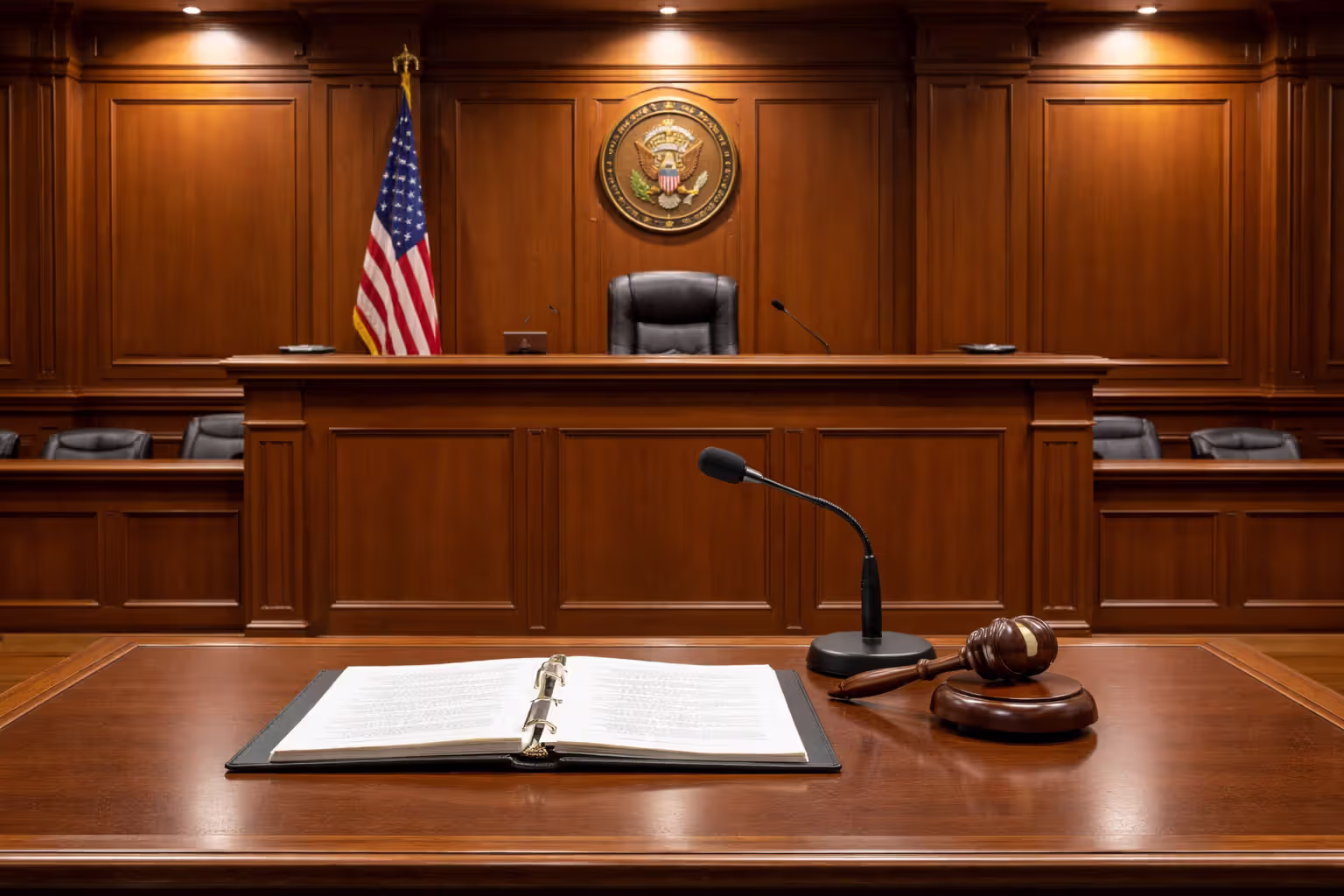 Empty courtroom with judge bench, wooden gavel, documents folder and American flag
