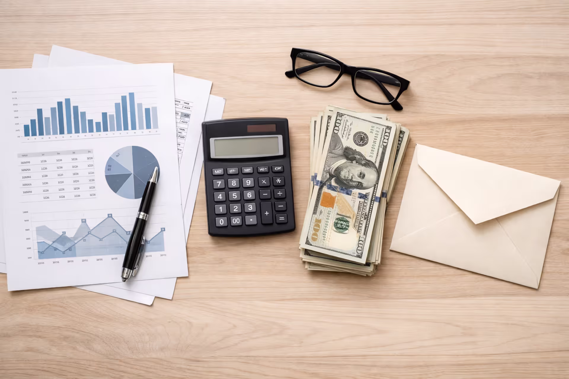 Financial documents, calculator, pen, glasses and stack of dollar bills on a wooden desk, structured settlement paperwork concept