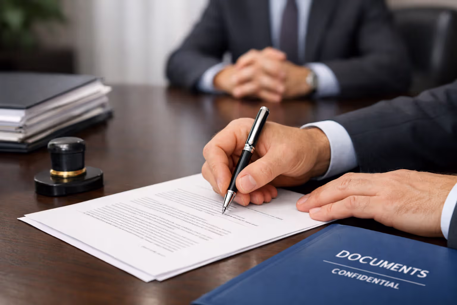 Hands signing legal court petition documents on office desk with notary stamp and paperwork stack nearby