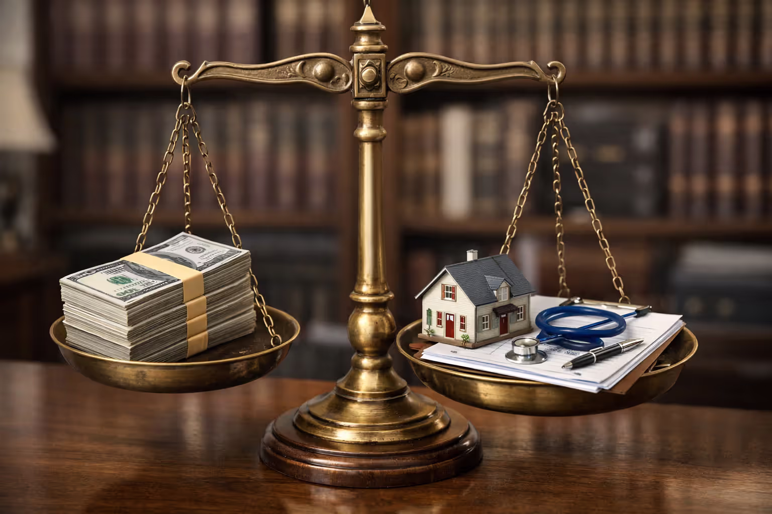 Scales of justice balancing cash money against house model and medical documents in legal office setting