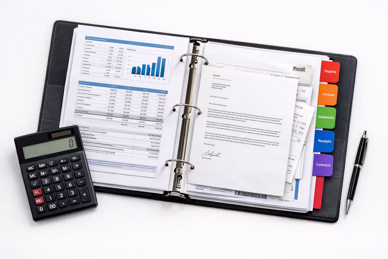 Organized binder with colored tabs containing financial documents receipts and official letters on desk with calculator and pen top view