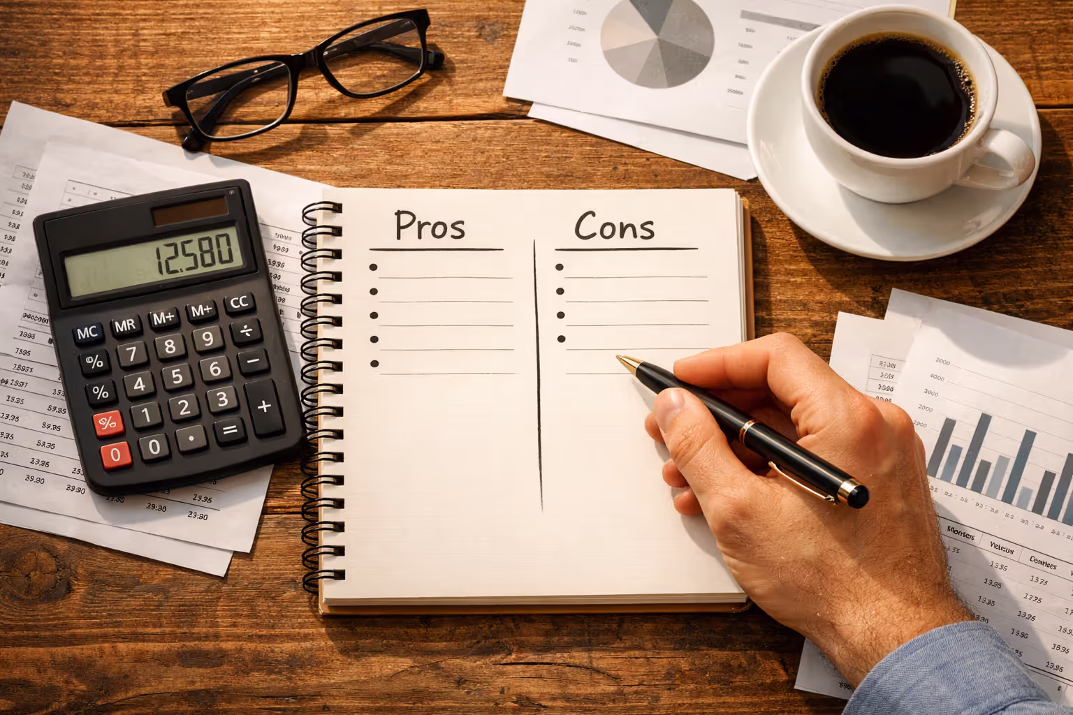 Overhead view of desk with calculator, handwritten pros and cons list in notebook, financial documents, coffee cup and glasses, person making important financial decision