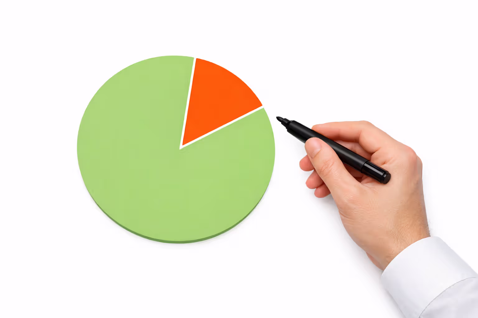Hand pointing with a marker at a pie chart showing two segments representing kept and sold payment portions