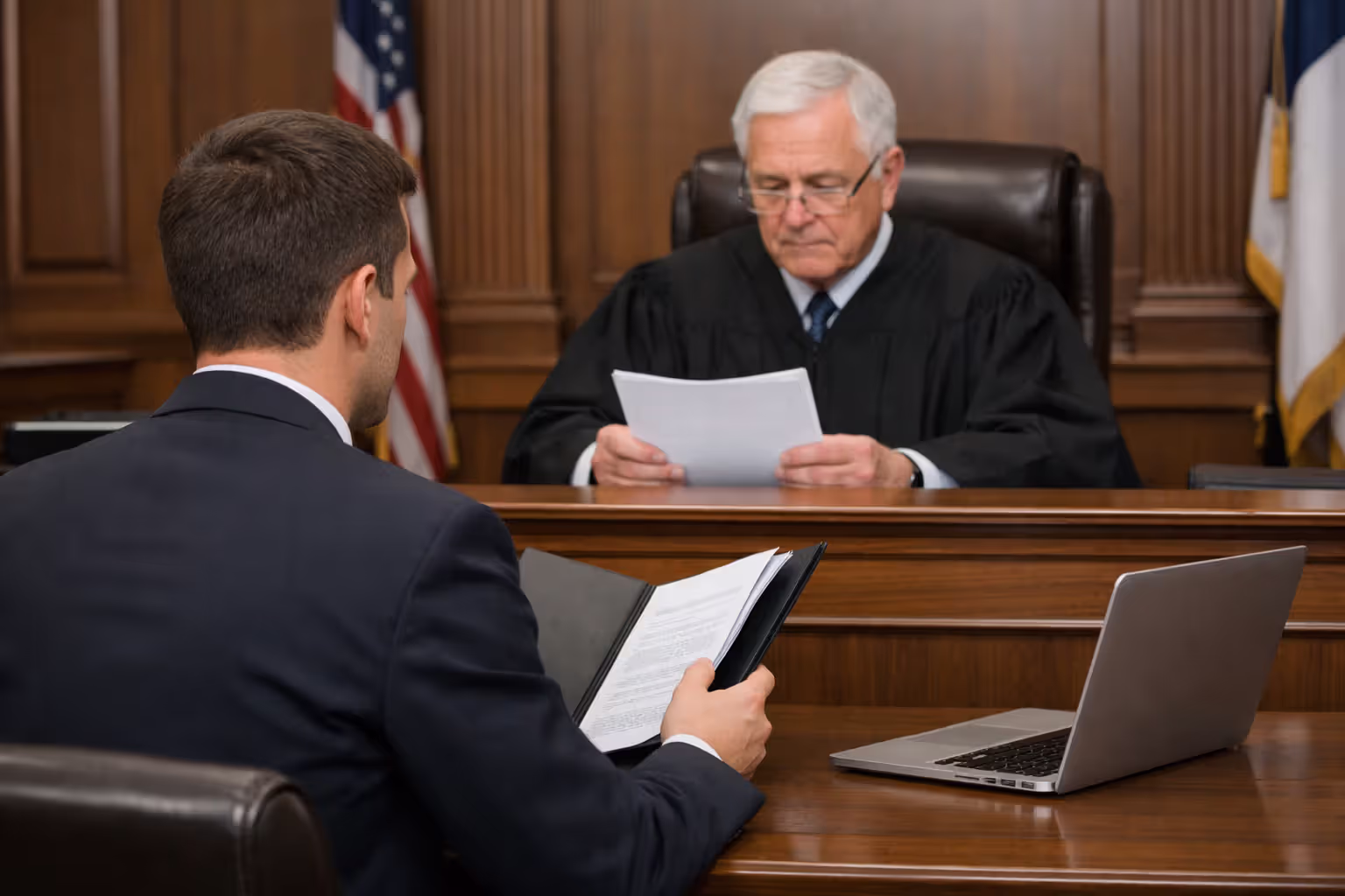 Person in business attire sitting across from a judge in a courtroom presenting financial documents during a hearing