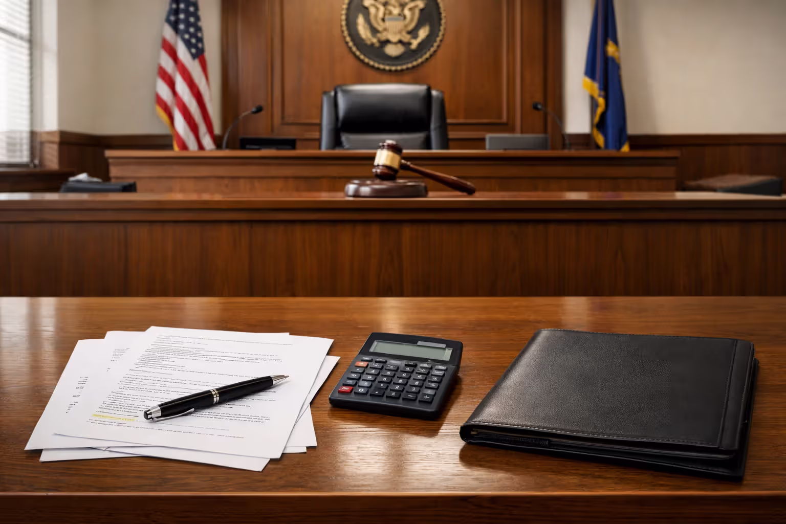 Empty courtroom interior with documents, calculator and pen on a desk facing the judges bench, representing court approval process