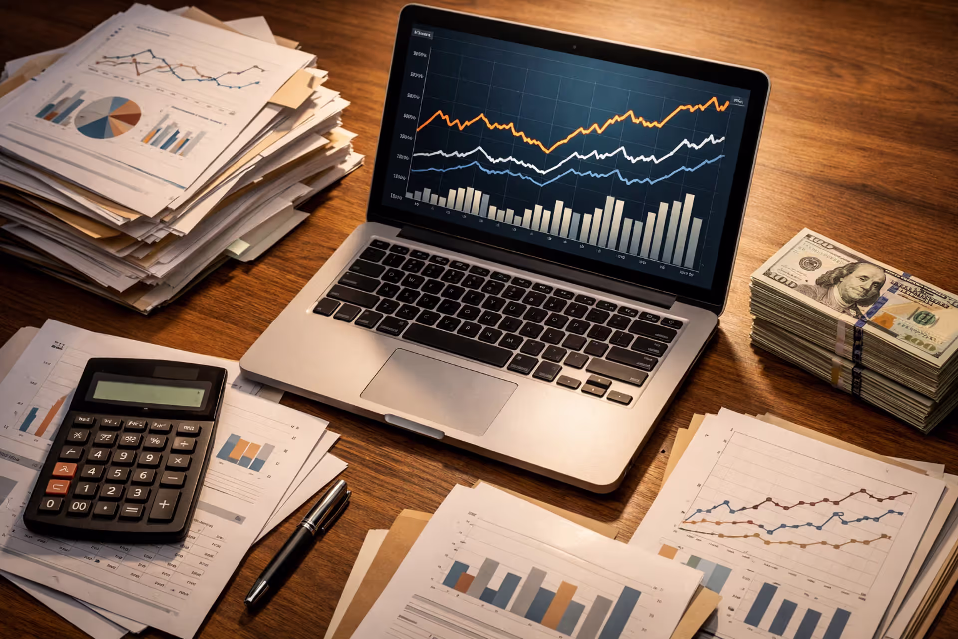 Calculator, financial documents, laptop with percentage rate charts, and dollar bills on an office desk — structured settlement pricing concept