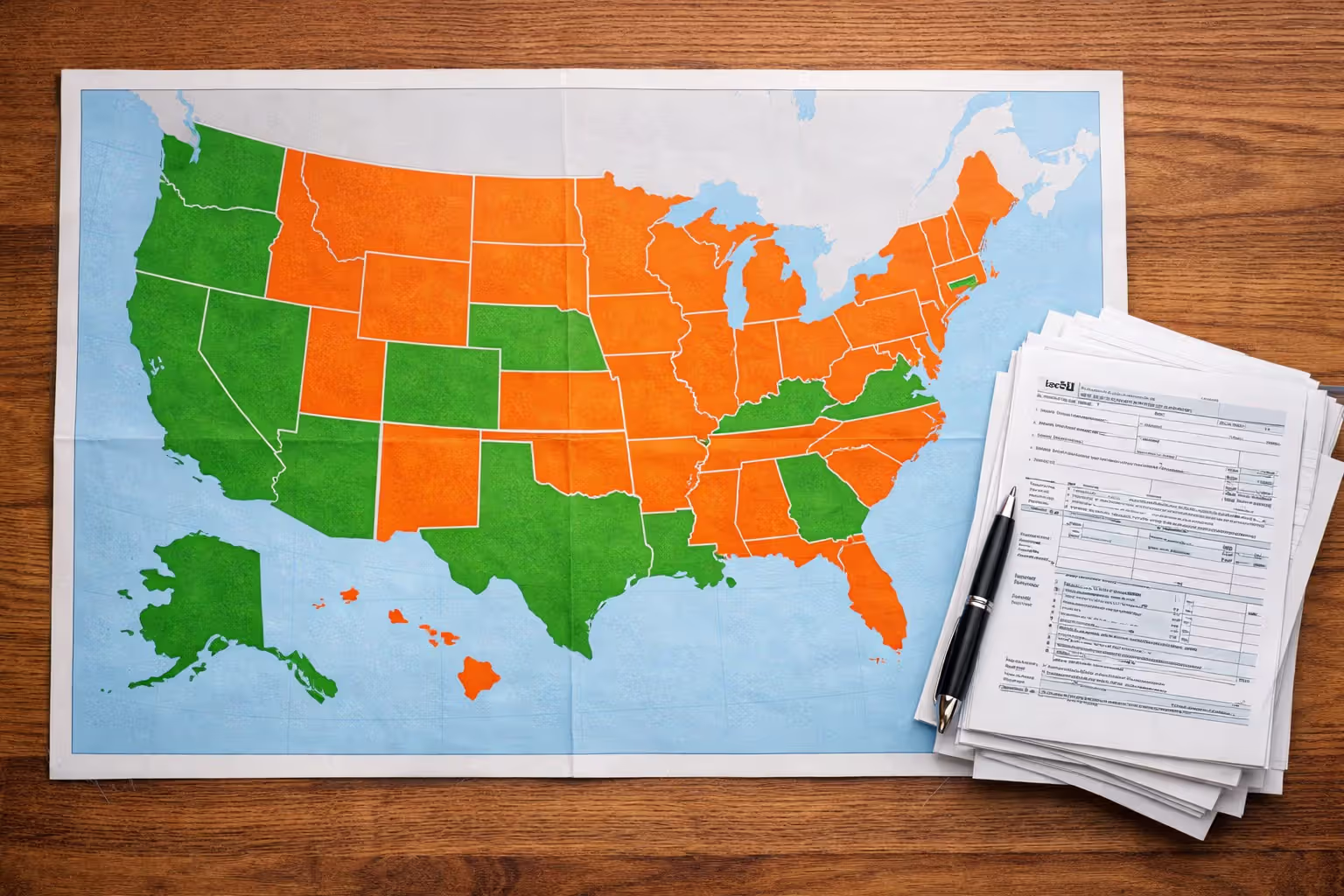 Top-down view of U.S. map on desk with colored markers showing tax-free states in green and income tax states in orange, tax forms nearby