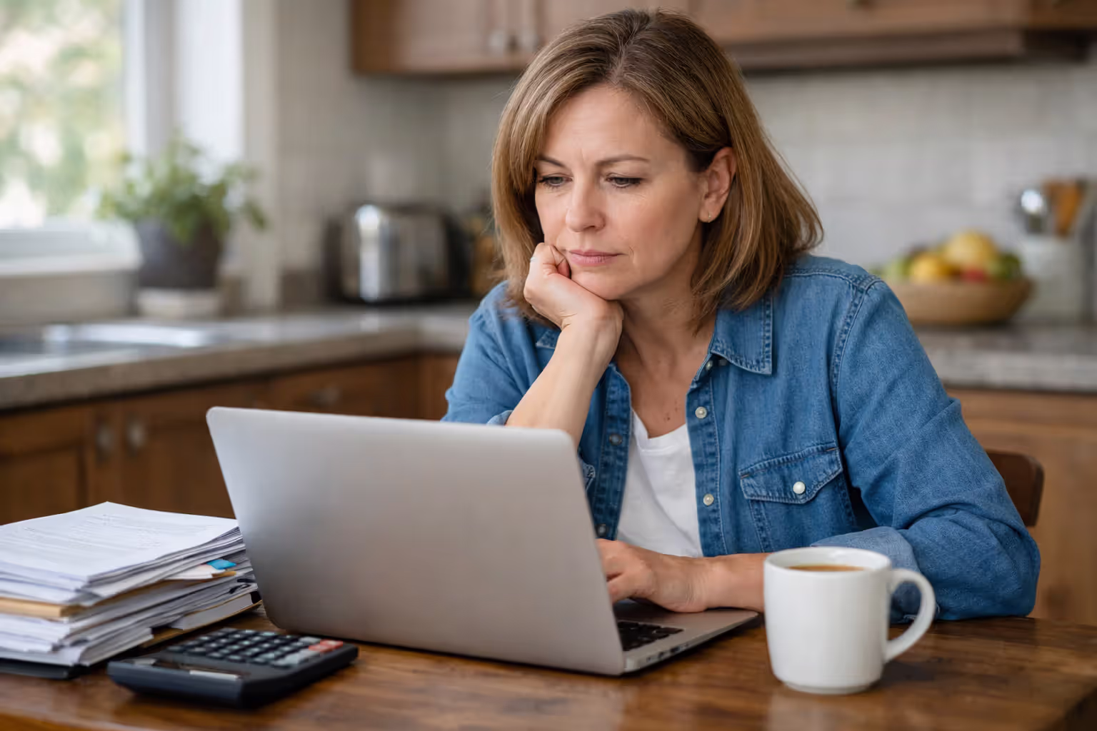 A middle-aged woman sitting at a kitchen table reviewing financial documents on a laptop with a calculator and coffee cup nearby
