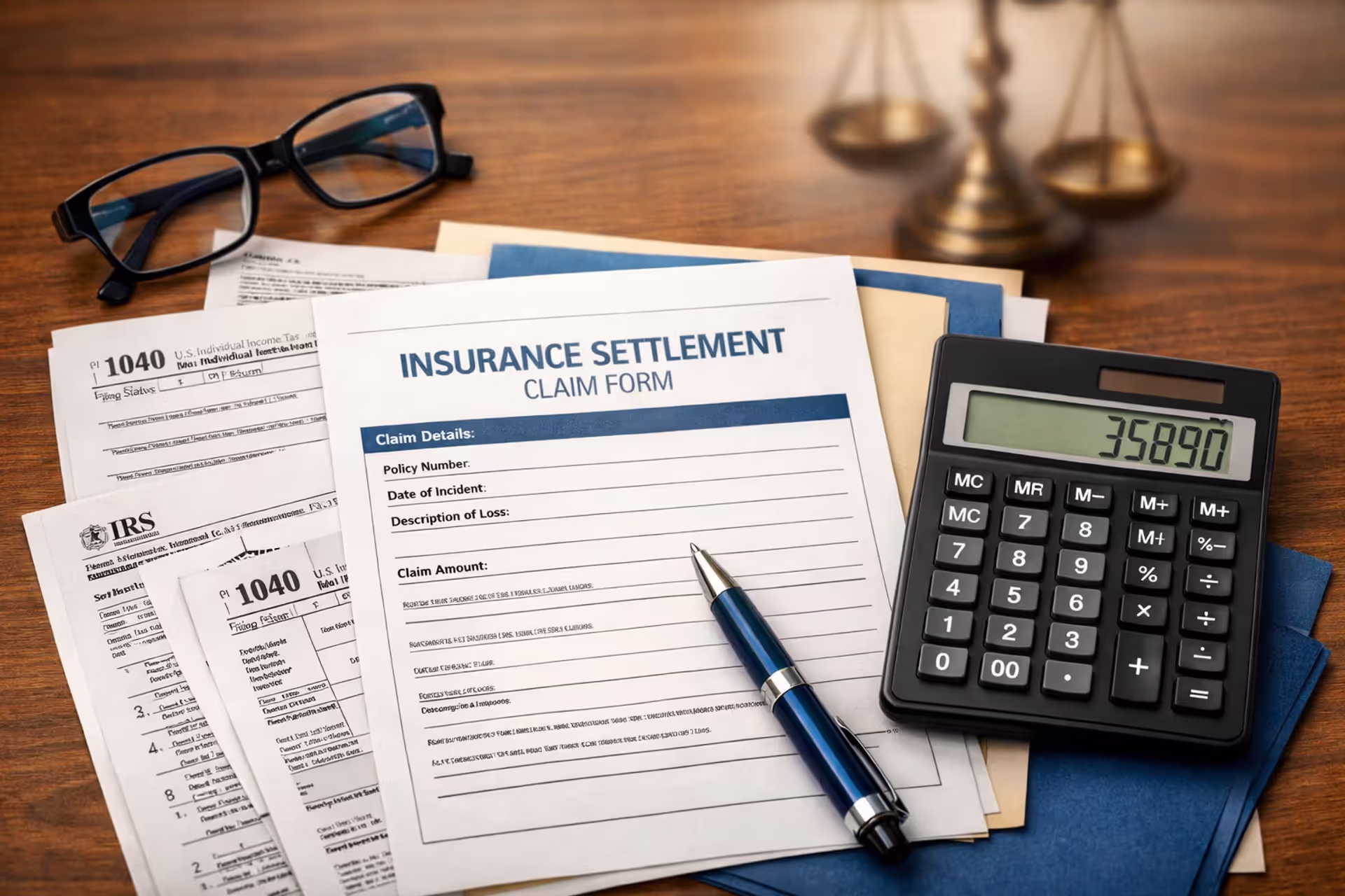 Settlement documents, IRS tax forms, calculator, and scales of justice on a professional desk — structured settlement tax deduction concept