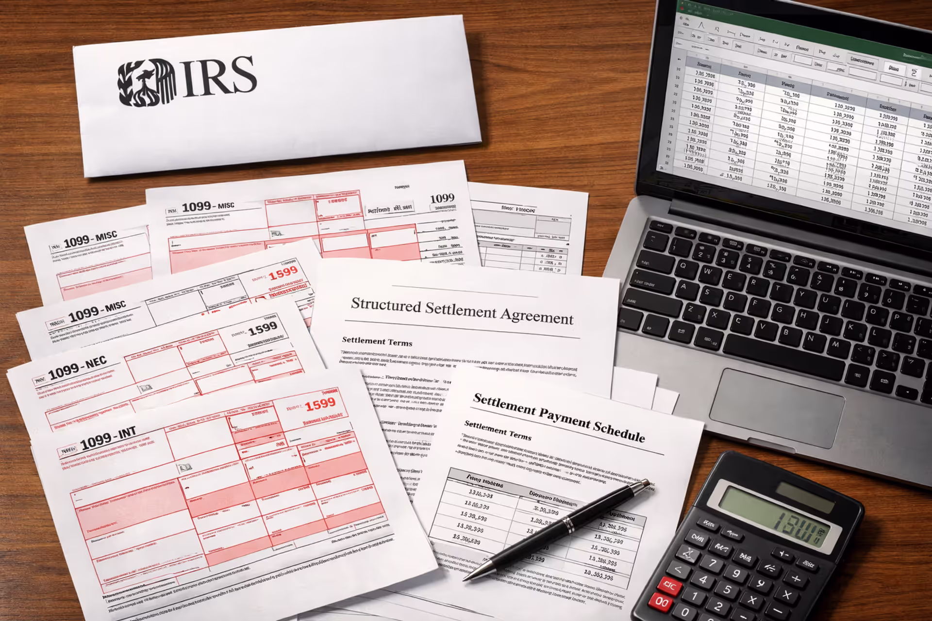 Top view of a desk with IRS tax forms 1099, structured settlement documents, calculator, pen, and laptop showing a spreadsheet