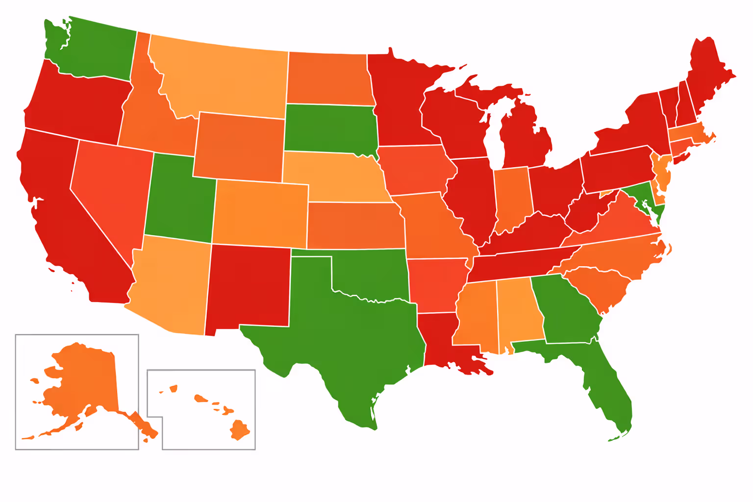 Map of United States showing states with no income tax highlighted in green and high-tax states in shades of red illustrating state tax impact on settlement sales