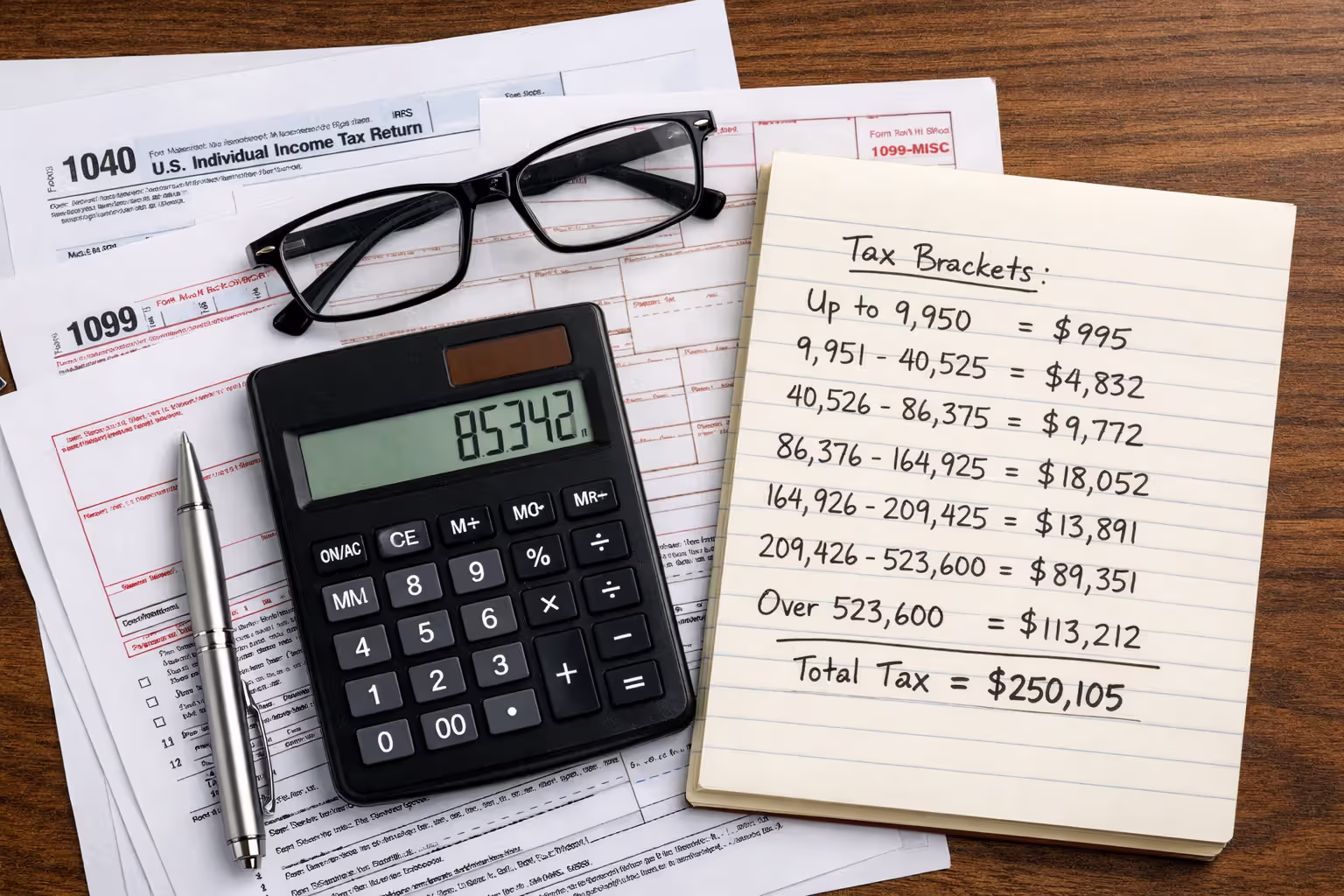 Overhead view of desk with calculator tax forms 1040 and 1099 handwritten tax bracket calculations and reading glasses representing tax liability planning