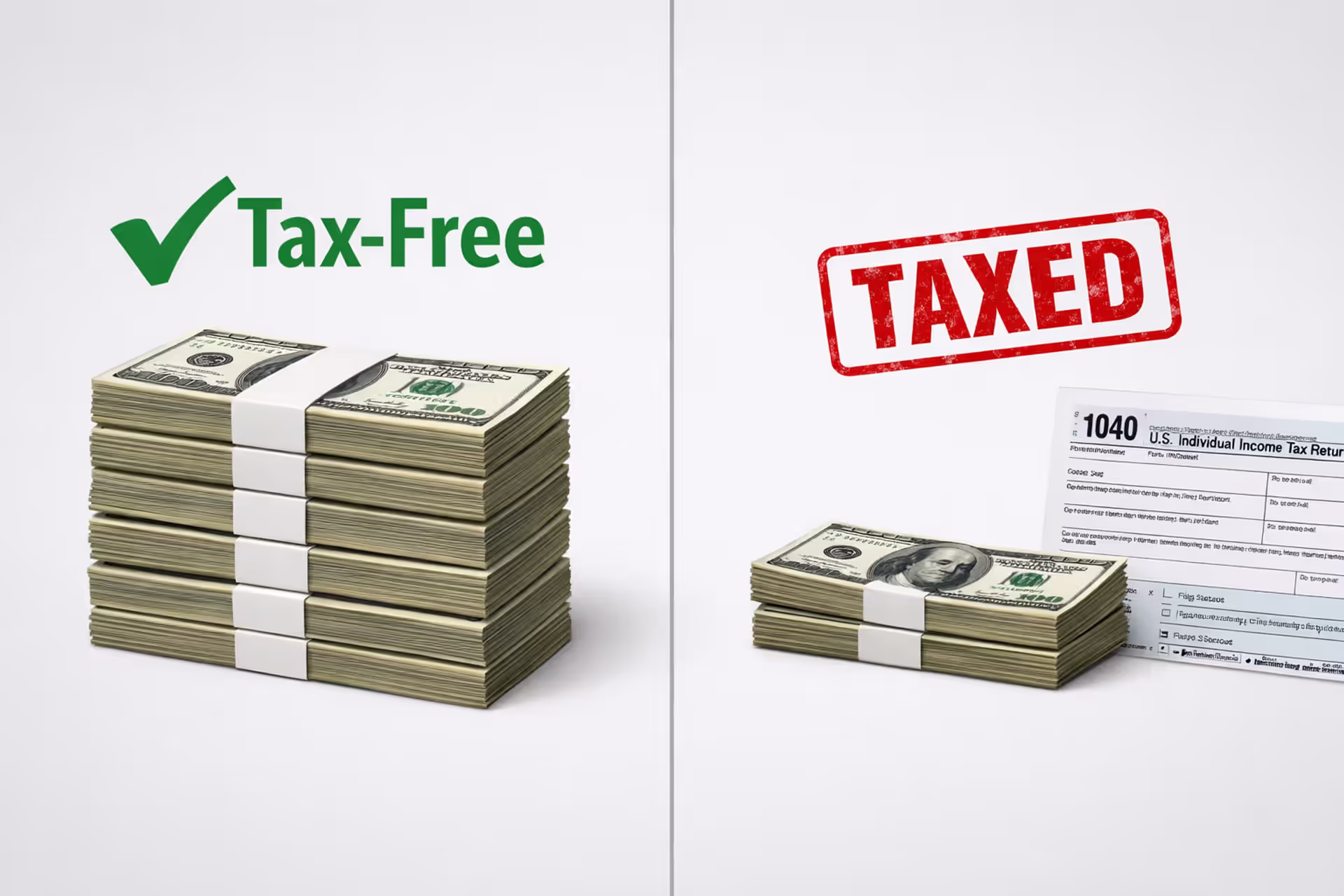 Split image showing tax-free structured settlement payments on the left versus taxed lump sum from selling settlement on the right with IRS Form 1040