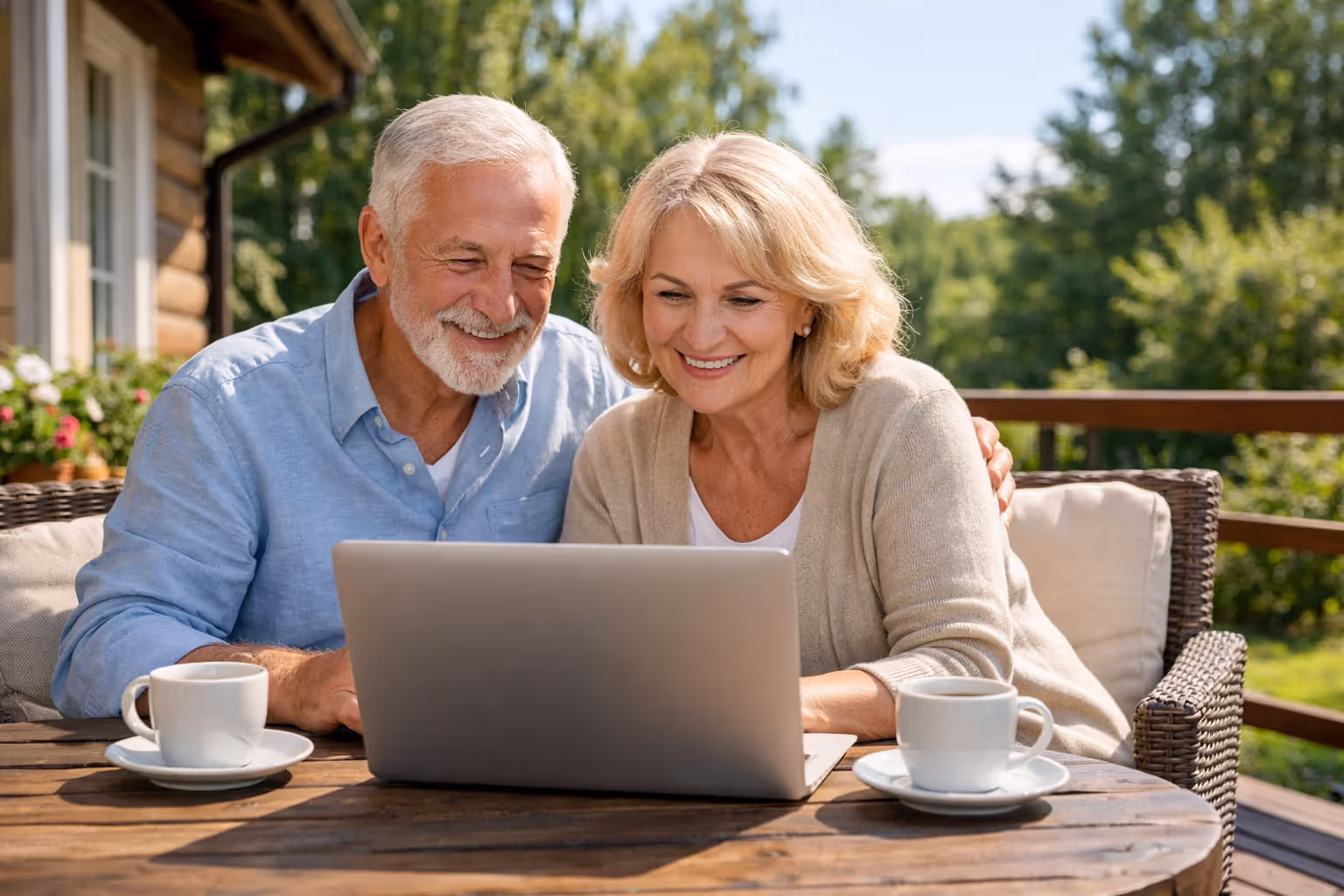 Senior couple sitting on terrace reviewing financial charts on laptop with coffee cups, sunny garden background, relaxed retirement lifestyle