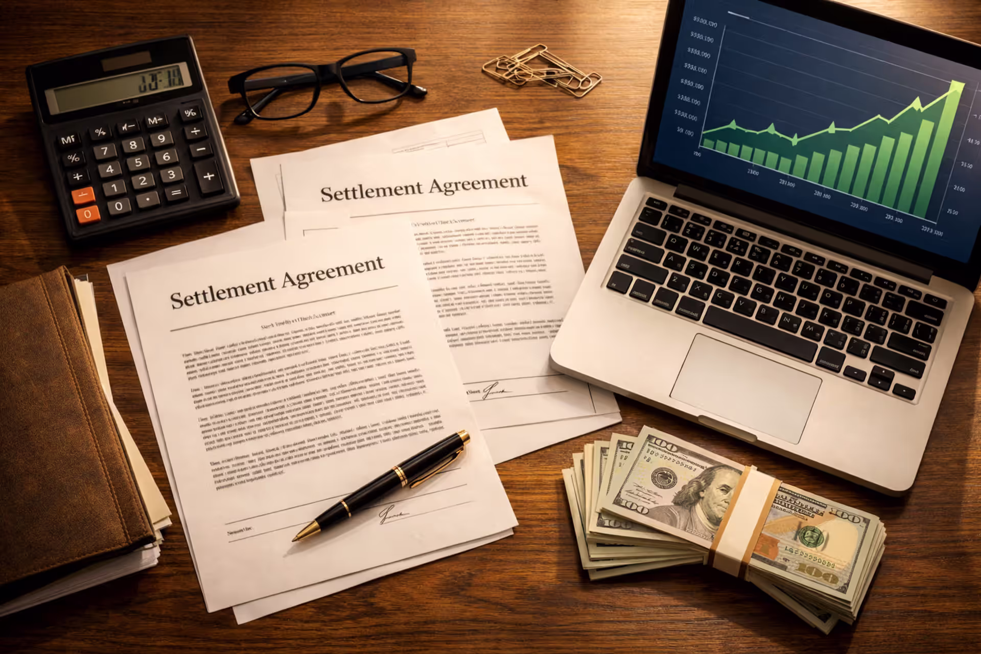 Top view of a financial advisor desk with settlement agreement documents, calculator, pen, glasses, stack of dollar bills, and laptop showing investment growth chart