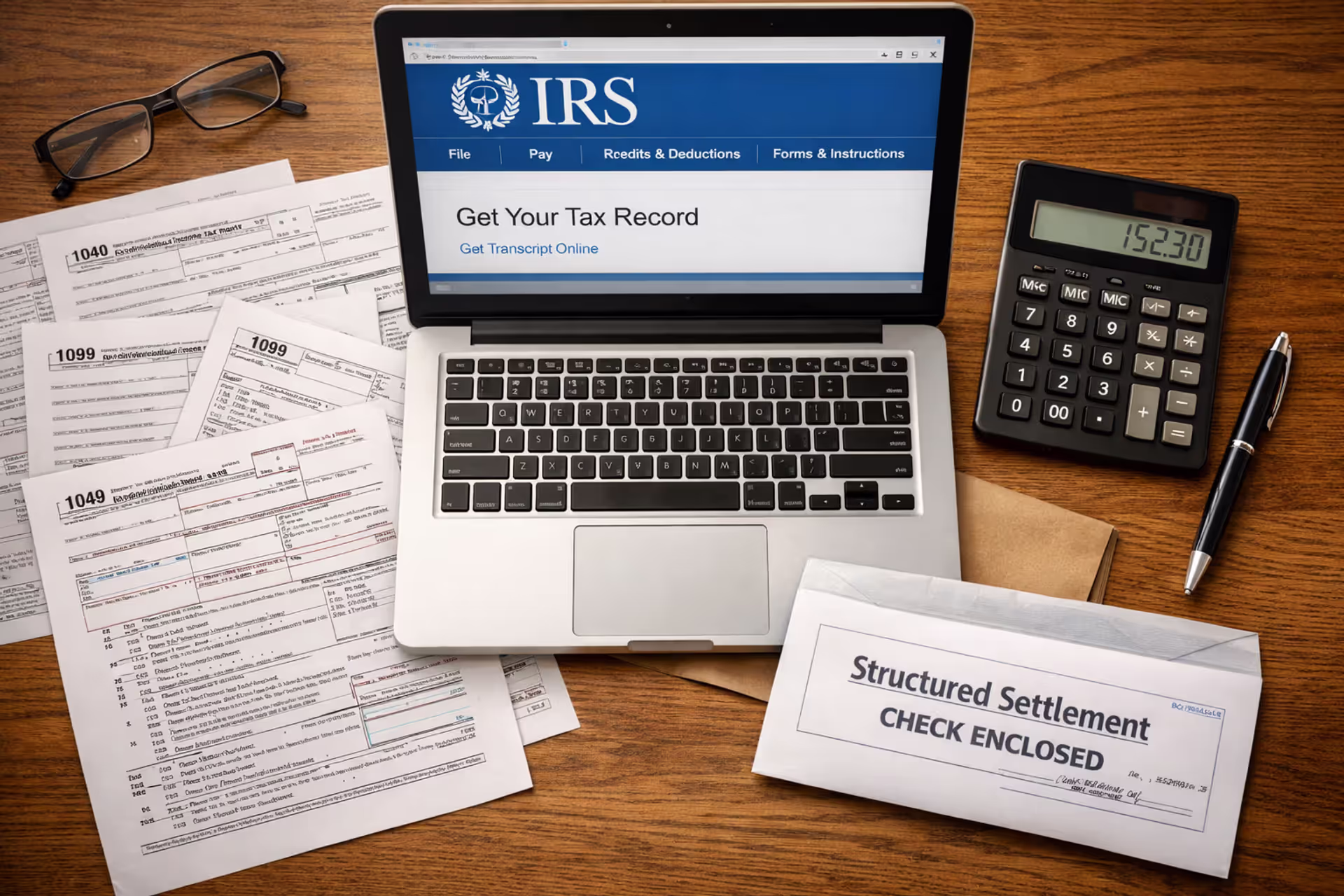 Top view of a desk with IRS tax forms 1099 and 1040, a calculator, a pen, a settlement check envelope, and a laptop showing the IRS website